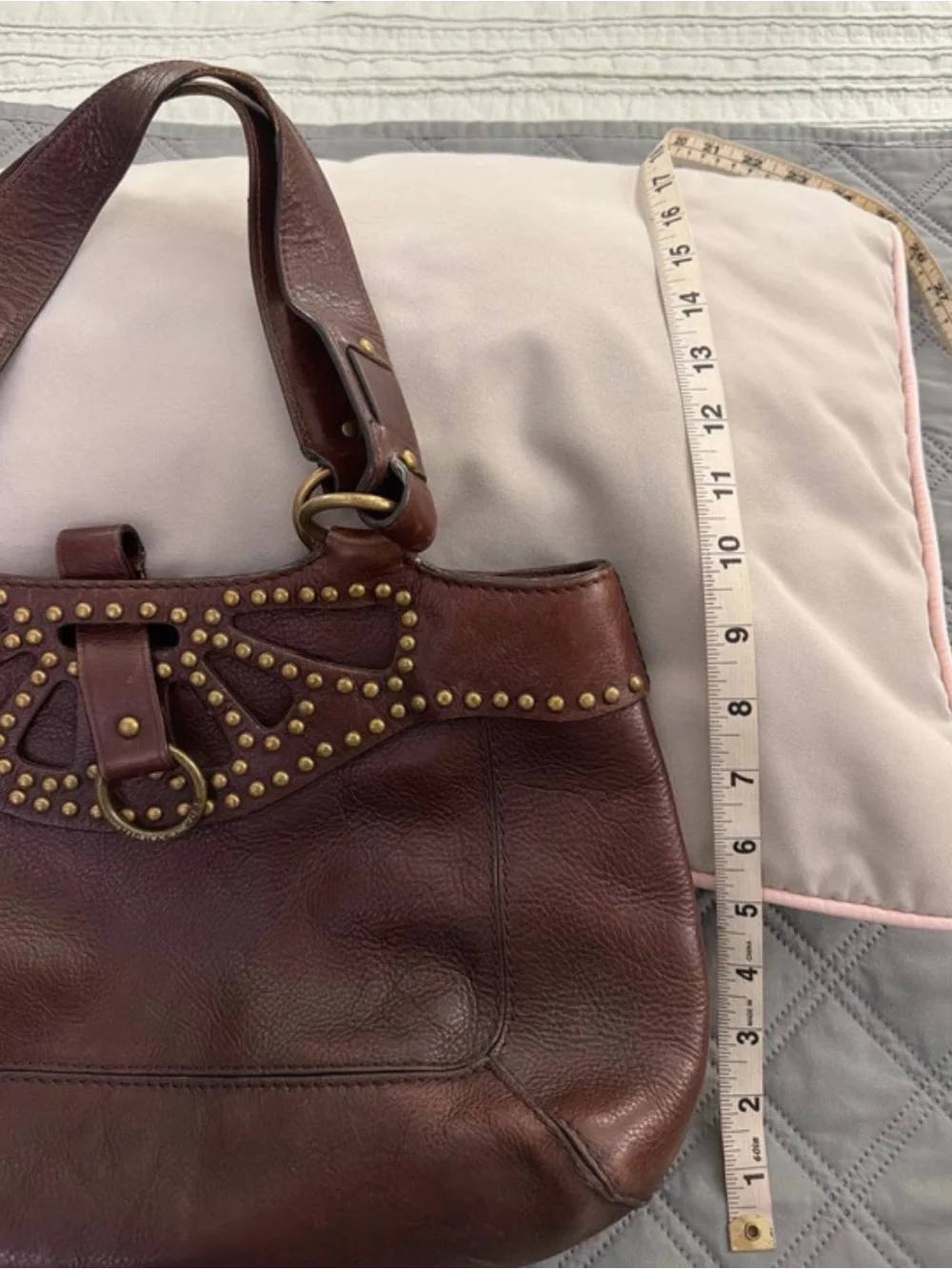 Michael Kors Dark Brown Leather Shoulder Bag with Gold Stud Accents